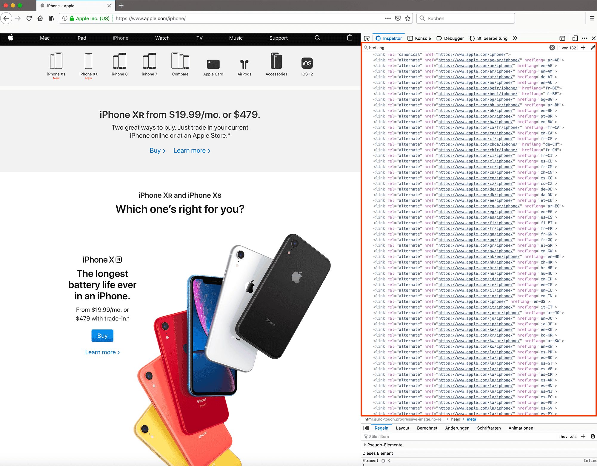 hreflang-Tags der iPhone-Einstiegseite von apple.com