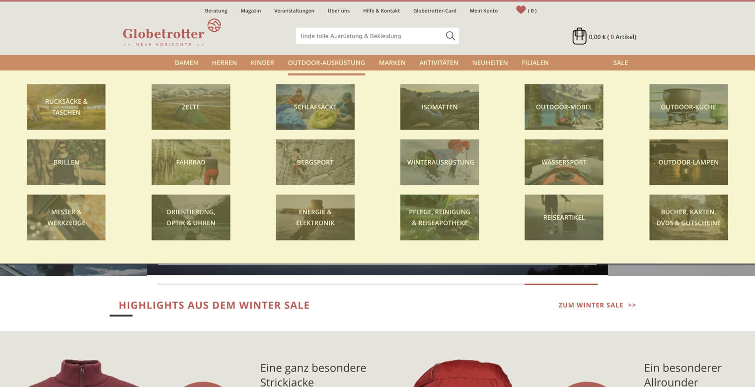 Aufgeklapptes Mega Dropdown Menü von globetrotter.de