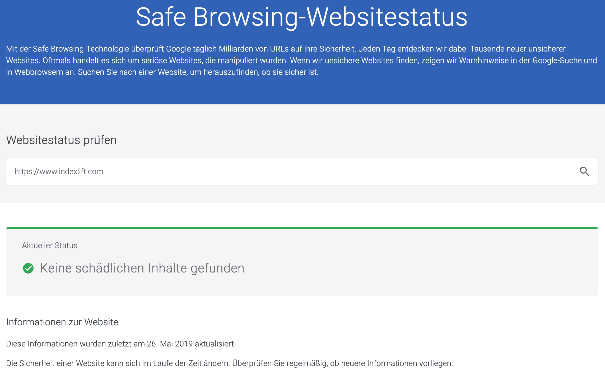 Beispiel-Abfrage im Google Safe Brwosing-Websitestatus-Tool