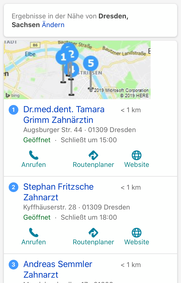 Bing Local Listings für: Zahnarzt