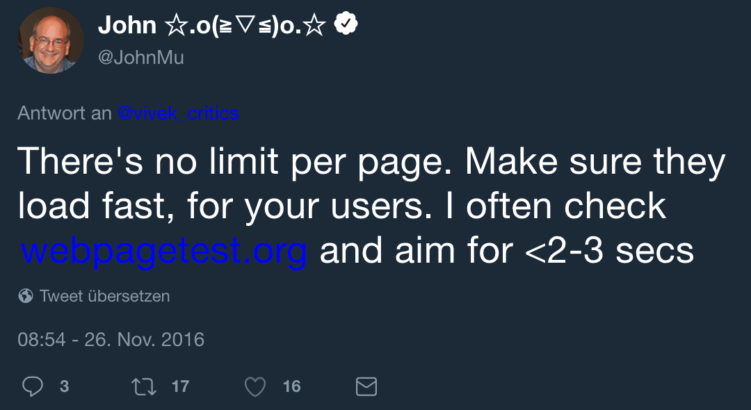 Google von John Mueller empfiehlt den Seiten-Pagespeed auf 2-3 Sekunden zu optimieren - Twitter Feed