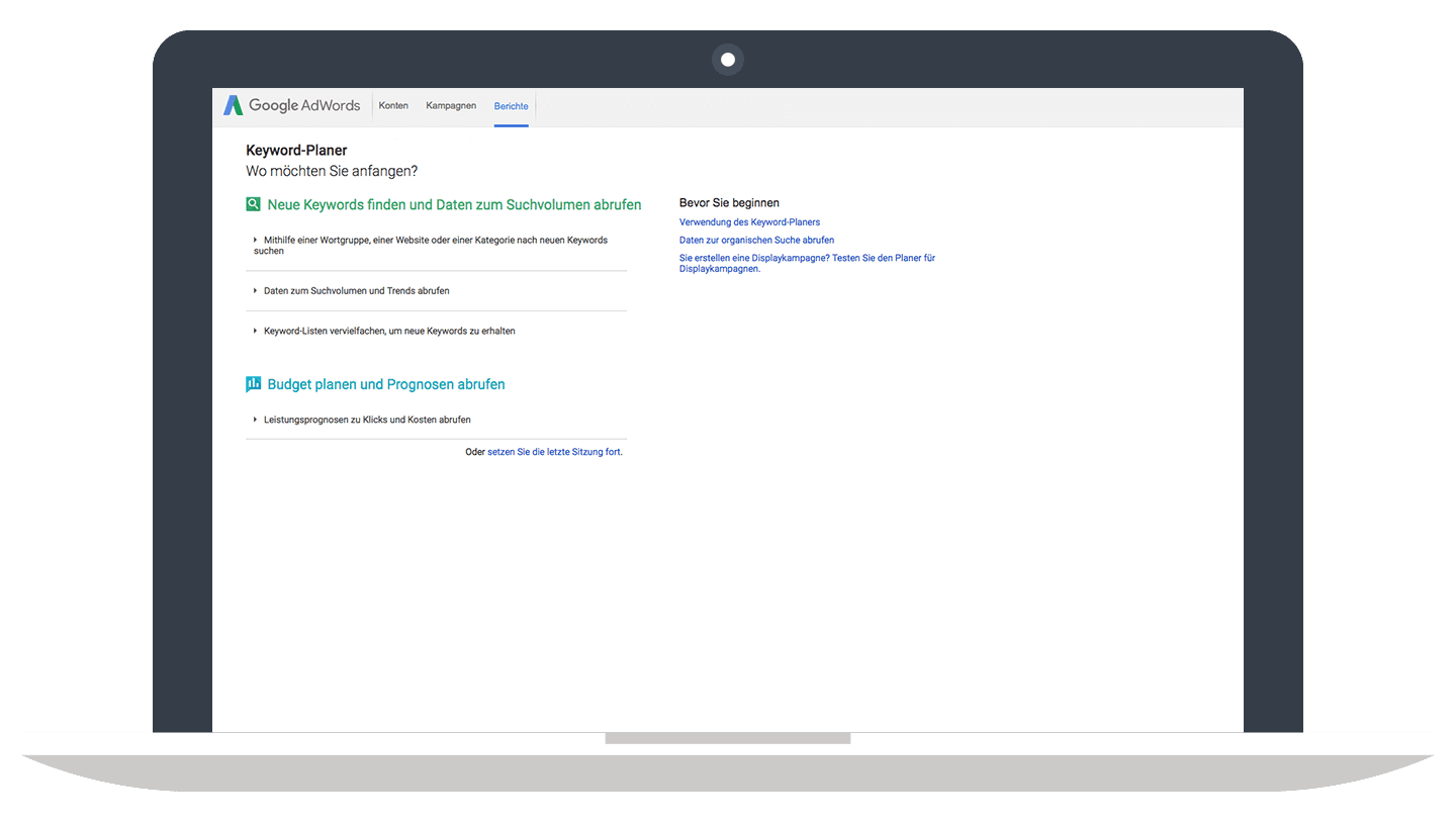 Auswahlmenü // Google Keyword-Planer