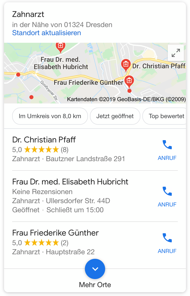 Google Local Snack Pack für: Zahnarzt