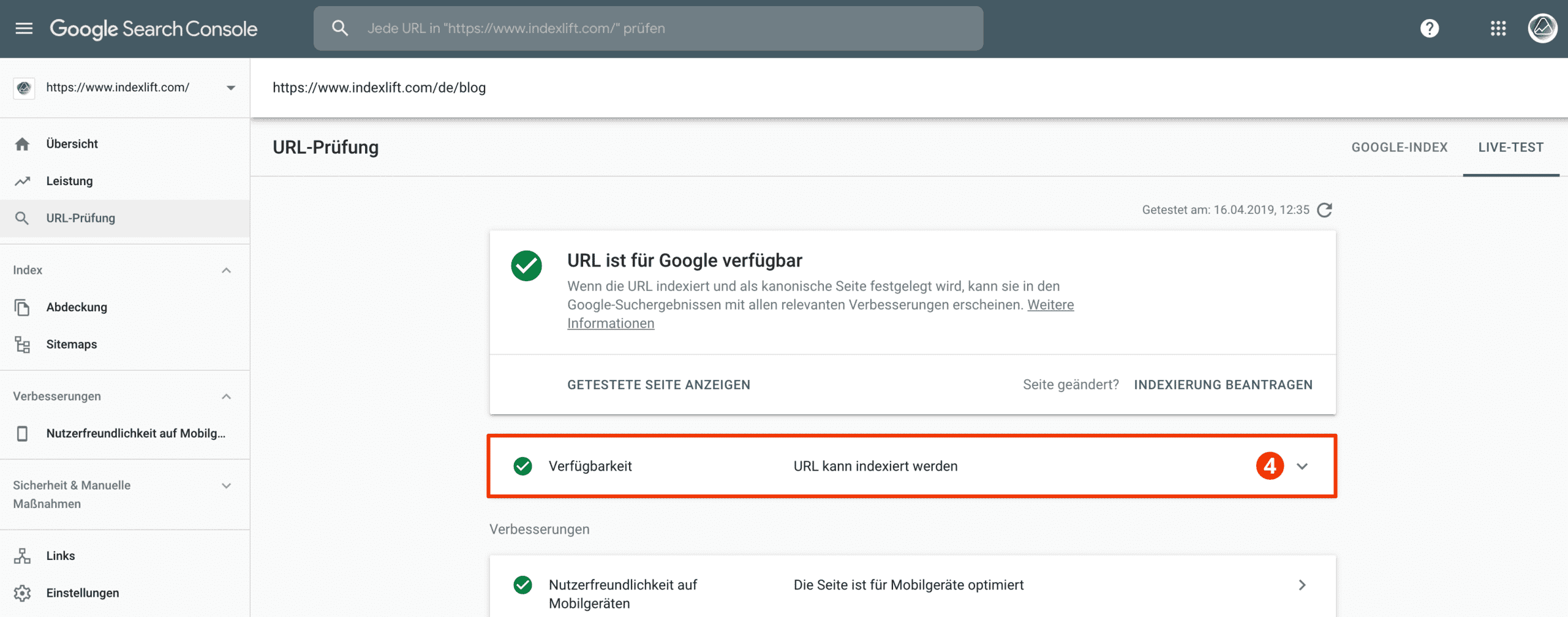 Live-URL Test mit der Google Search Console