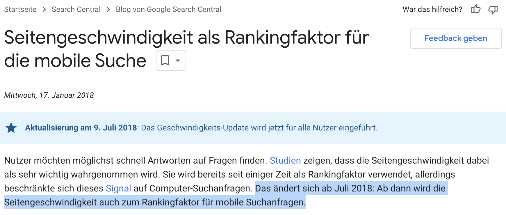 Google: Seitengeschwindigkeit als Rankingfaktor für die mobile Suche