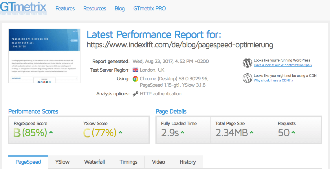 PageSpeed-Test Dashboard // GTMetrix