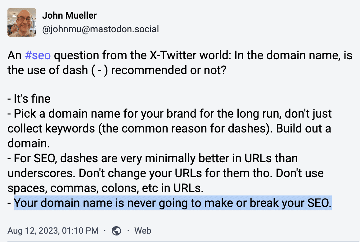 John Müller von Google auf Mastodon: Der Ihr Domainname wird nie über den SEO-Erfolg entscheiden