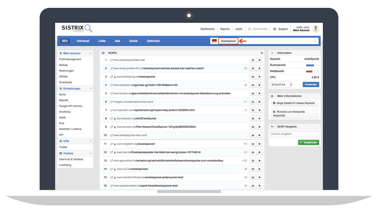 Keyword im Suchschlitz eingeben // SISTRIX