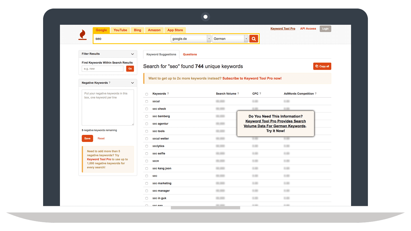 Keyword-Ideen finden // Keywordtool.io