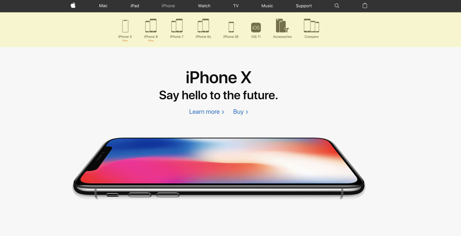 Klassisches Flyout Menü (gelb hervorgehoben) von apple.com