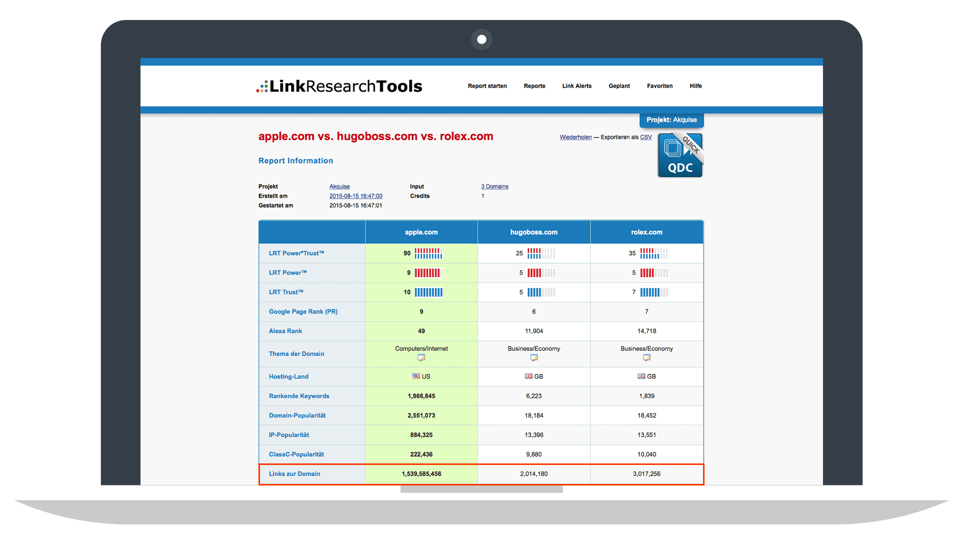 Screenshot: Link Popularity // Link Research Tools