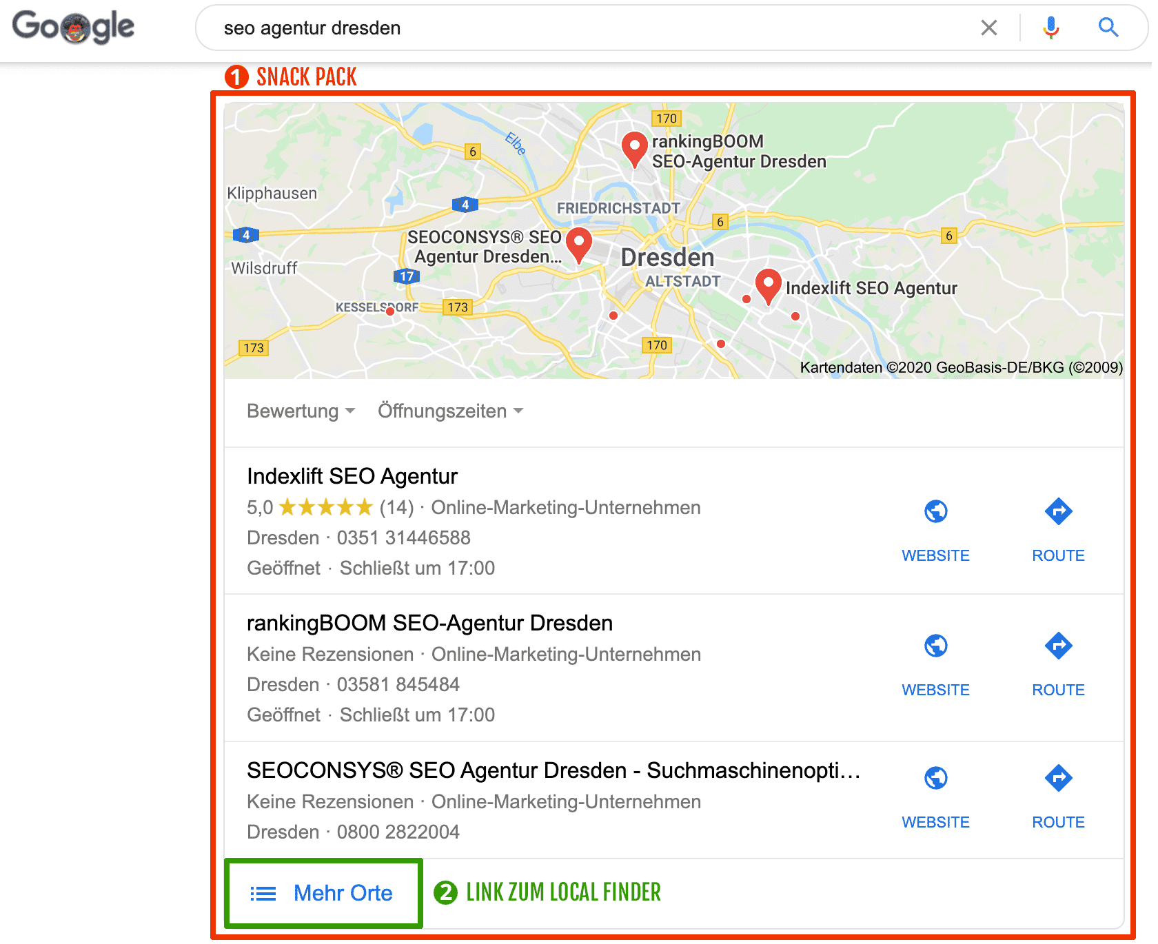 Beispiel für lokales Suchergebnis mit Snack Pack + Link zum Local Finder