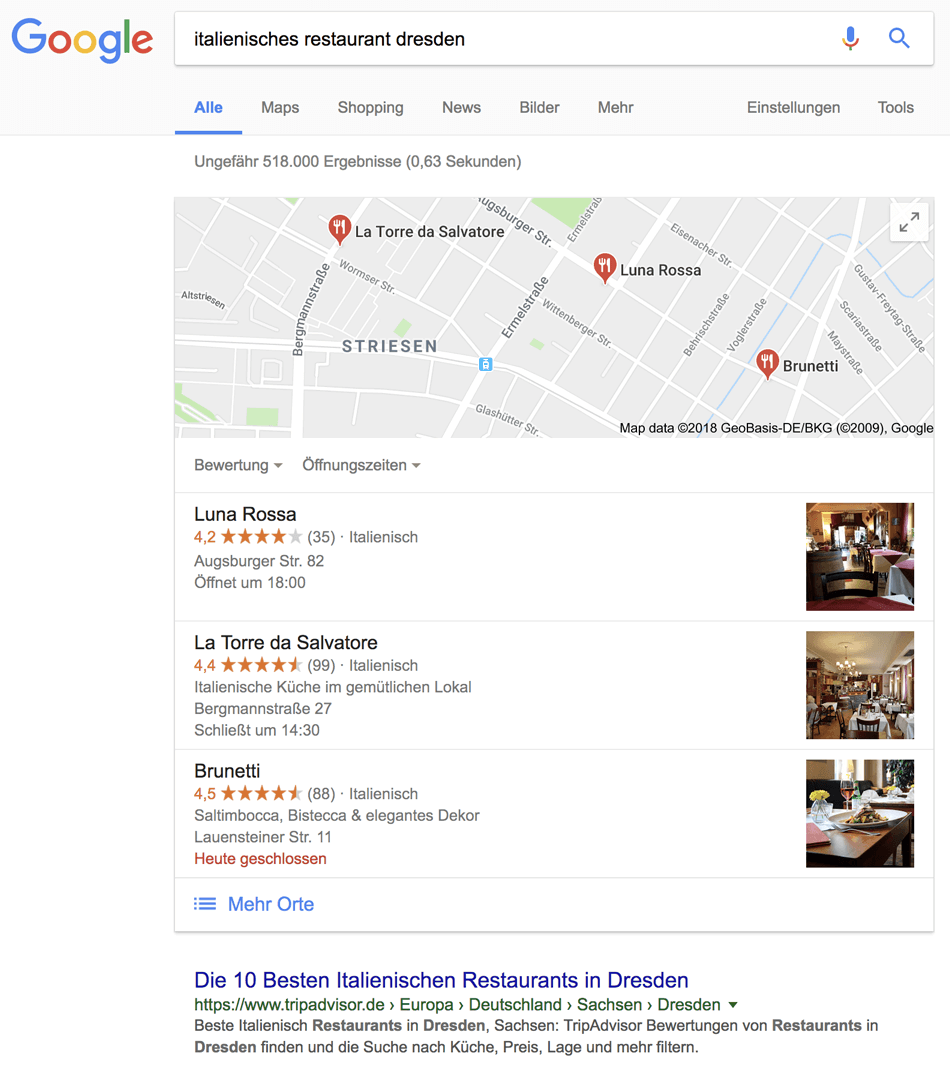 Beispiel für lokale Google Suchergebnisse