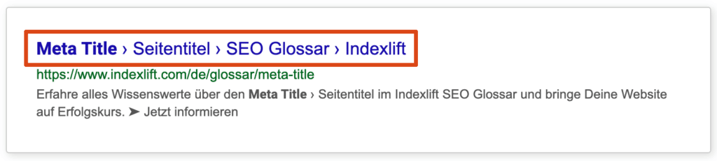 Hervorgehobener Meta Title in einem SERP Snippet der Google Suche