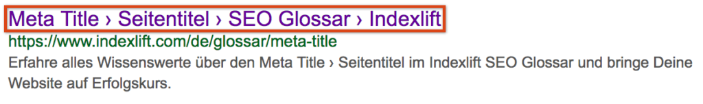 Hervorgehobener Meta Title in einem SERP Snippet der Google Suche