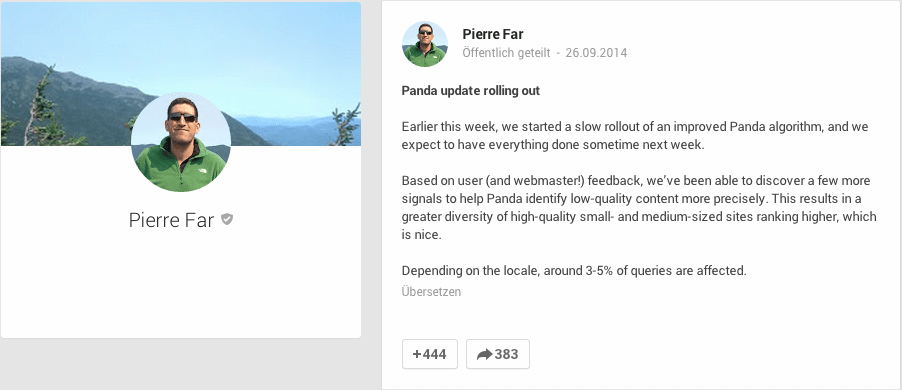 Pierre Far: Ursprünglicher Google+ Beitrag zum Panda 4.1 Update