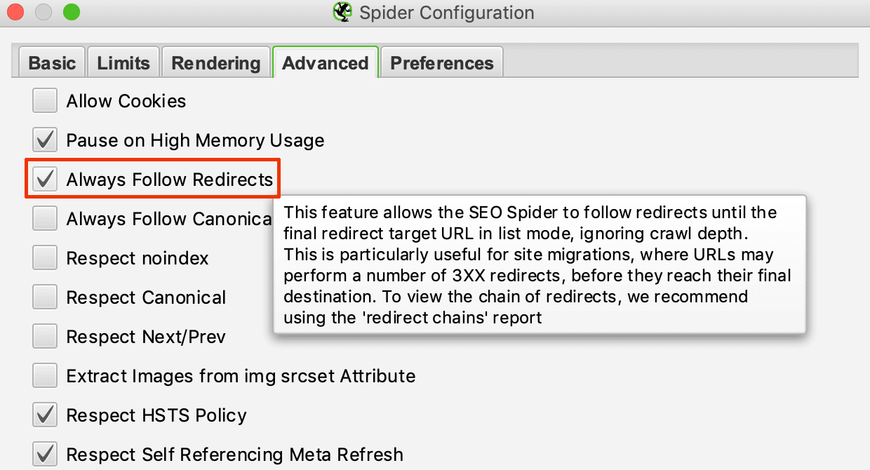 "Always Follow Redirects" anhaken // Screaming Frog