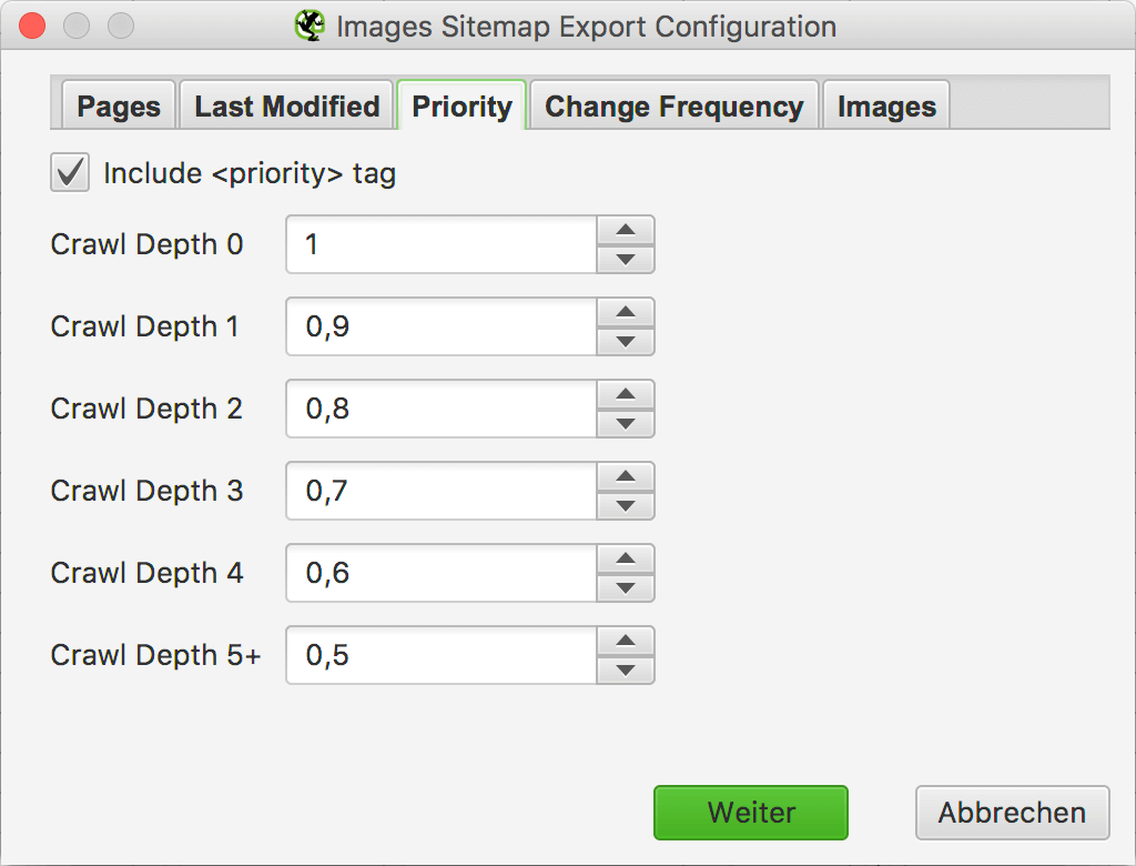 Priority - Images Sitemap Export Configuration // Screaming Frog