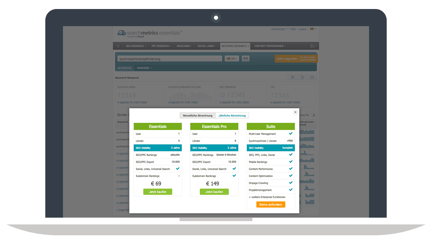 Preise - Lizenzkosten // Searchmetrics Essentials