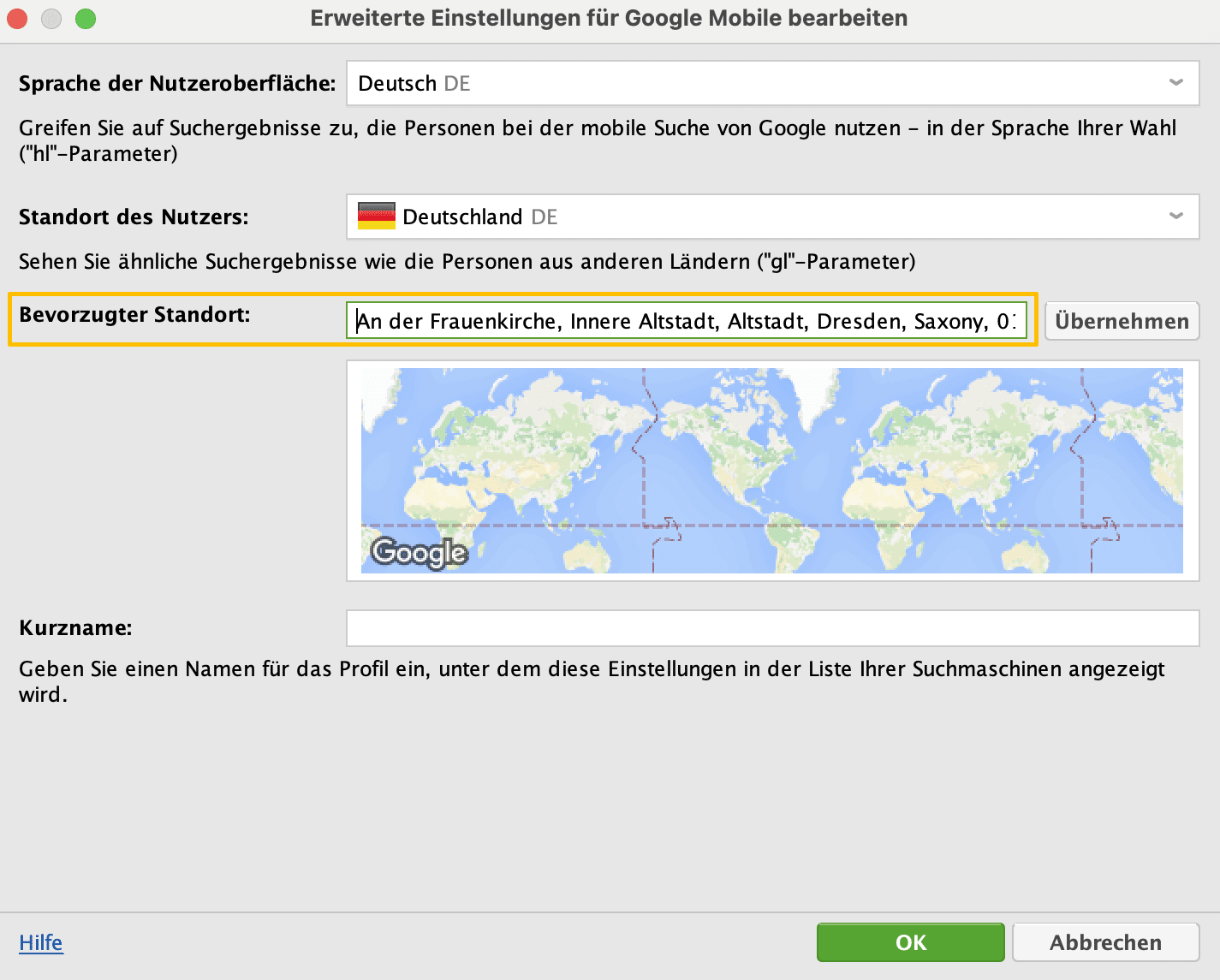 SEO PowerSuite Rank Tracker: Bevorzugten Standort festlegen